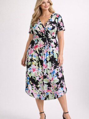 Avenue Floral Midi Dress Wrap V-Neck Stretch Black Multi Plus Size 22/24